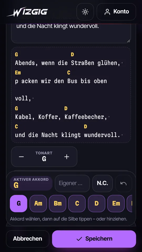 WizGig-Editor „Song aufbauen“ auf dem Handy: Liedzeilen mit Akkorden darüber und die Akkord-Leiste